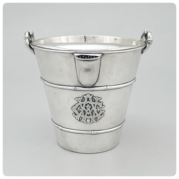 Front view, Japanese Sterling Silver Cocktail or Water Pitcher / Ice Bucket / Wine Cooler in the Shape of a Bucket, Arthur and Bond, Yokohama, Circa 1900 - The Silver Vault of Charleston