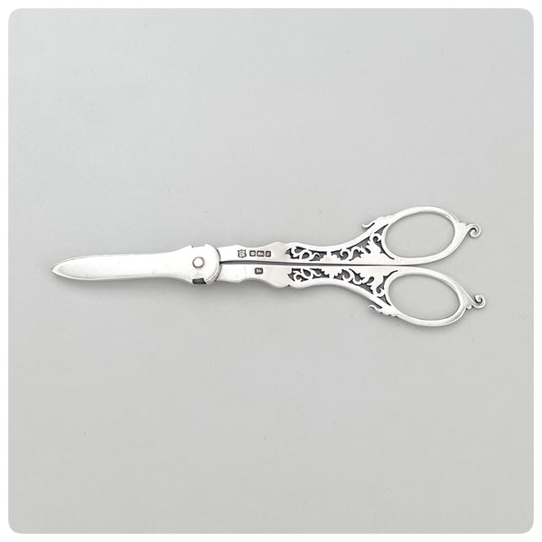 English Sterling Silver Grape Shears / Scissors, Cooper Brothers & Sons, Sheffield, 1907-1908