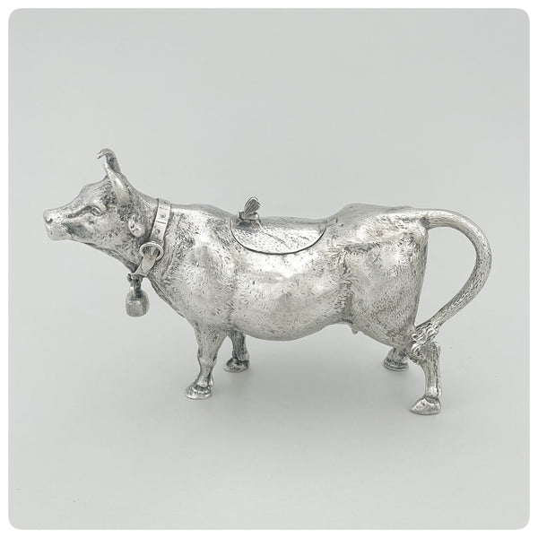 Side view, German 800/1000 Solid Silver Cow Creamer, Circa 1900 - The Silver Vault of Charleston