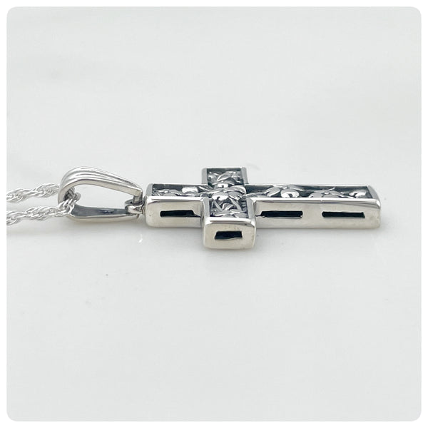 Side, Sterling Silver Dogwood Cross Necklace, The Prince Company, Pawley’s Island, SC, New - The Silver Vault of Charleston