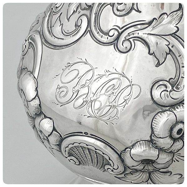 Close-up shot of engraved initials on the front of the pitcher, Pulchritudinous Coin Silver Water Pitcher, Peter L. Krider, Philadelphia, PA - The Silver Vault of Charleston