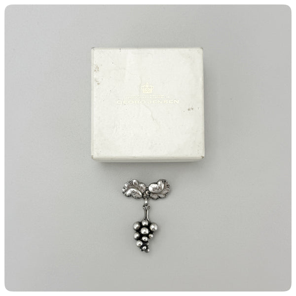Brooch and box, Danish Sterling Silver Brooch / Pin in "Moonlight Grapes" with Original Box, Georg Jensen, Copenhagen, Early Twentieth Century - The Silver Vault of Charleston