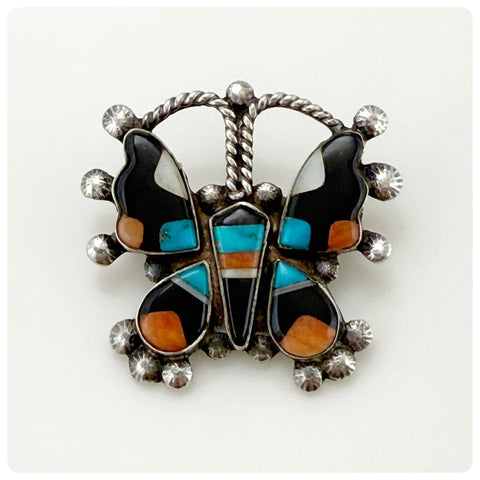 Native American Sterling Silver, Coral, Mother of Pearl, Onyx, Turquoise Butterfly Brooch, Possibly Zuni / C-EUZ, Twentieth Century - The Silver Vault of Charleston