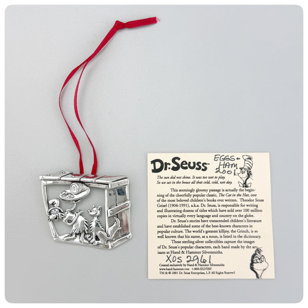 Ornament and paper, American Sterling Silver Handwrought Ornament, Dr. Seuss's Green Eggs & Ham, Hand & Hammer, Woodbridge, VA, 2001 - The Silver Vault of Charleston