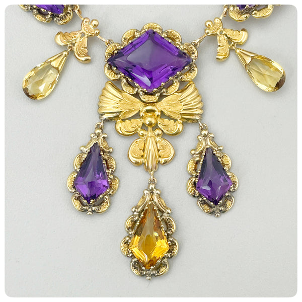 Ravishing Victorian 14K Gold, Amethyst and Citrine Pendant and Necklace, Late 19th Century