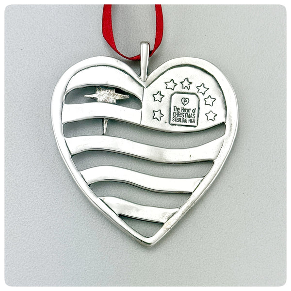 Back, American Sterling Silver Handwrought Ornament, The Heart of Christmas, Hand & Hammer, Woodbridge, VA, 2001 - The Silver Vault of Charleston
