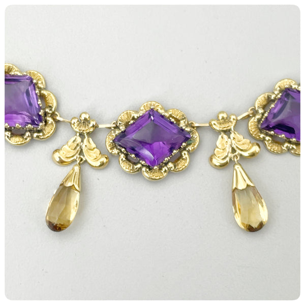 Ravishing Victorian 14K Gold, Amethyst and Citrine Pendant and Necklace, Late 19th Century