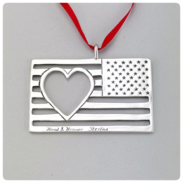 Back, American Sterling Silver Handwrought Ornament, Flag and Heart, Hand & Hammer, Woodbridge, VA, 2001 - The Silver Vault of Charleston