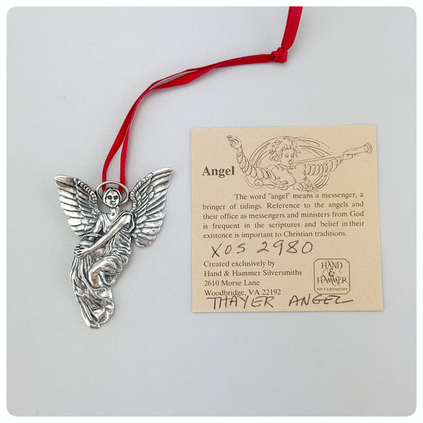 Ornament and paper, American Sterling Silver Handwrought Ornament, Thayer Angel, Hand & Hammer, Woodbridge, VA - The Silver Vault of Charleston