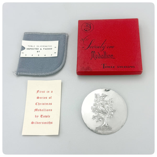 Box, papers, bag, American Sterling Silver Ornament, "Twelve Days of Christmas", Towle Silversmiths, Newburyport, MA, 1971 - The Silver Vault  of Charleston