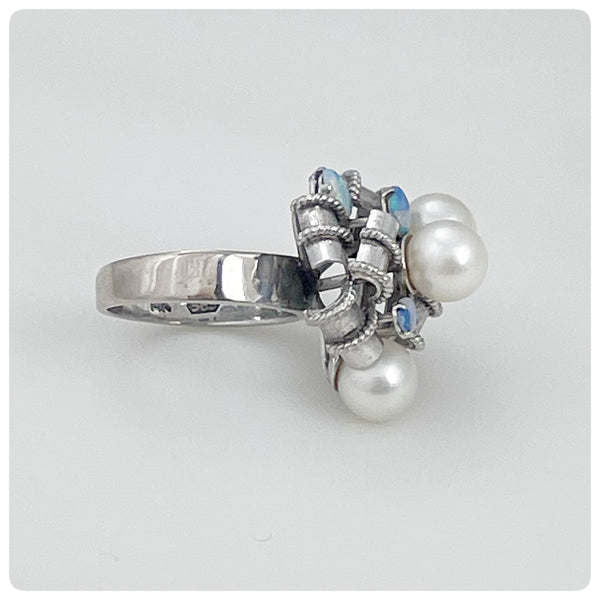 14k White Gold, Pearl, and Black Opal Ring, Kevin, Mid 20th Century