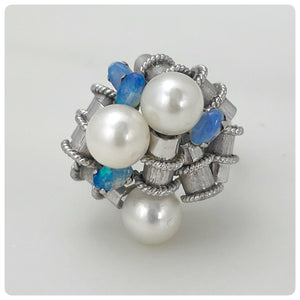 14k White Gold, Pearl, and Black Opal Ring, Kevin, Mid-Twentieth Century