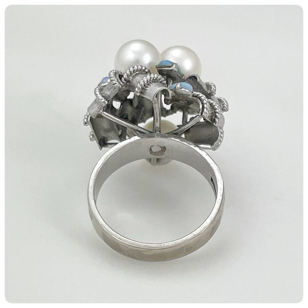 14k White Gold, Pearl, and Black Opal Ring, Kevin, Mid-Twentieth Century