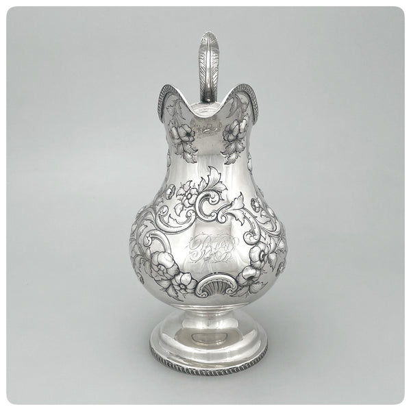 Front view, Pulchritudinous Coin Silver Water Pitcher, Peter L. Krider, Philadelphia, PA - The Silver Vault of Charleston