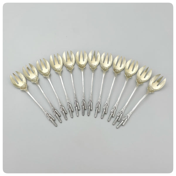 Set of Twelve Sterling Silver and Vermeil Ice Cream Forks in "Cat Tails", William B. Durgin Company, Concord, NH, Patented 1898