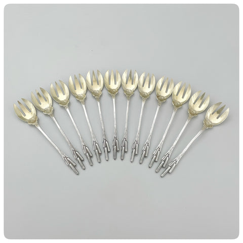 Set of Twelve Sterling Silver and Vermeil Ice Cream Forks in "Cat Tails", William B. Durgin Company, Concord, NH, Patented 1898