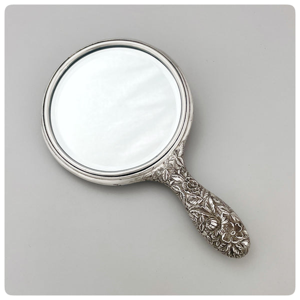 American Sterling Silver and Beveled Glass Hand Mirror in "Repousse", S. Kirk and Son Company, Baltimore, MD, 1903-1924