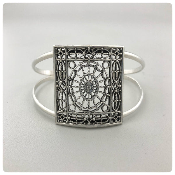 Sterling Silver Split Cuff Bracelet with Full Panel, "Daughters of the American Revolution" Collection, G2 Silver, Charleston, SC, New - The Silver Vault of Charleston