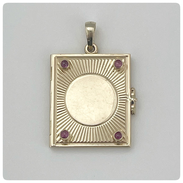 14K Yellow Gold and Red Stone  Book Locket Pendant, Circa 1925
