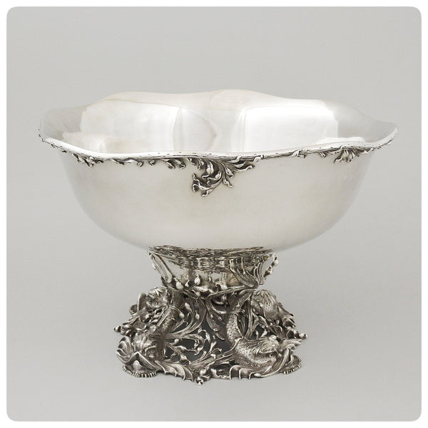 Sterling Silver Punch Bowl with Dolphin Pedestal, Meriden Britannia Company, Meriden, CT, Circa 1895 - The Silver Vault of Charleston