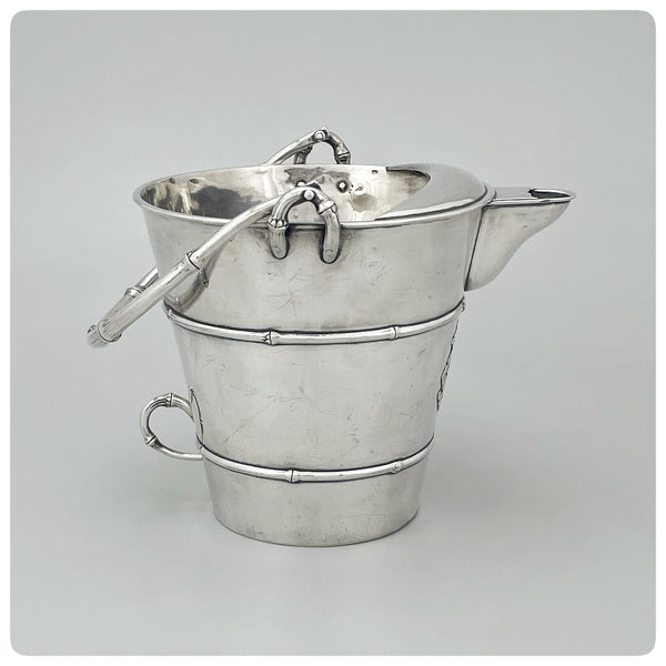 Side view, Japanese Sterling Silver Cocktail or Water Pitcher / Ice Bucket / Wine Cooler in the Shape of a Bucket, Arthur and Bond, Yokohama, Circa 1900 - The Silver Vault of Charleston