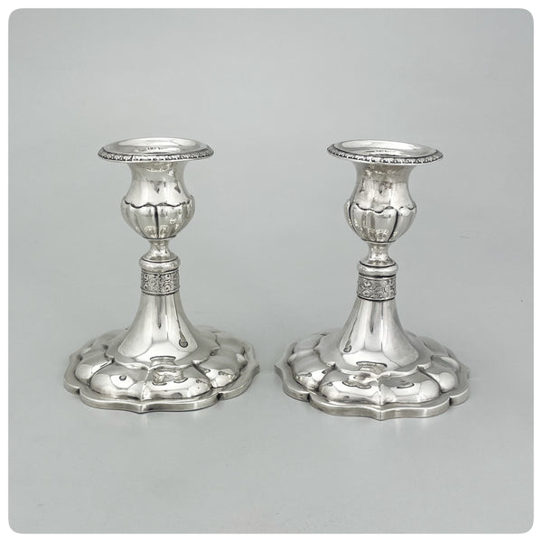 Russian 875/1000 Standard Solid Silver Pair of Candlesticks with Bobeches, Possibly Rikman, Vilnius, 1855