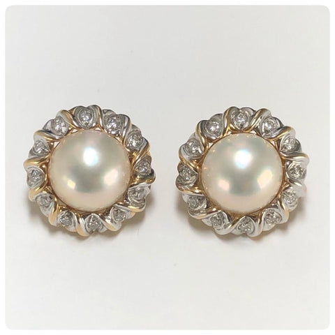 14KT Two-Toned Gold, Mabe Pearl and Diamond Earrings, HKM, 20th Century - The Silver Vault of Charleston
