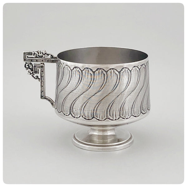 First Standard (950/1000) Solid Silver Cup and Saucer with Guilloche, Savard, Paris, Circa 1905 - The Silver Vault of Charleston