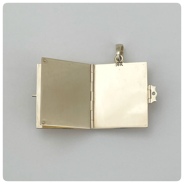 14K Yellow Gold and Ruby Book Locket Pendant, Circa 1925