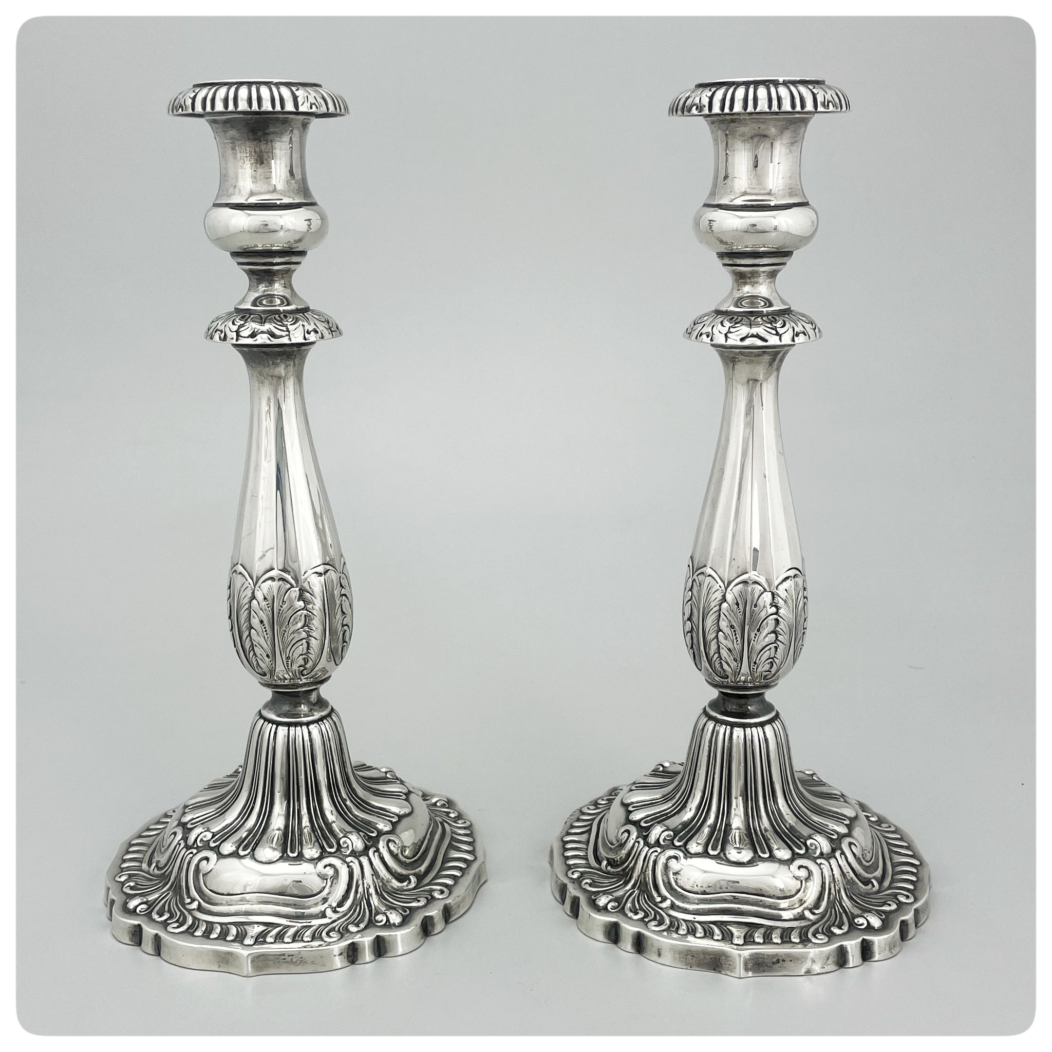 Sterling Silver Pair of Candlesticks with Acanthus Leaves and Gadrooning, M. Fred Hirsch Co., Jersey City, NJ, circa 1925