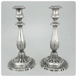 Sterling Silver Pair of Candlesticks with Acanthus Leaves and Gadrooning, M. Fred Hirsch Co., Jersey City, NJ, Circa 1925