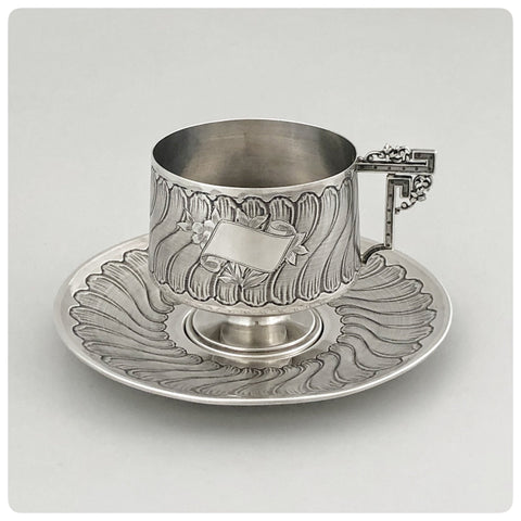 First Standard (950/1000) Solid Silver Cup and Saucer with Guilloche, Savard, Paris, Circa 1905 - The Silver Vault of Charleston