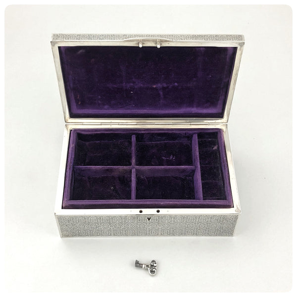 Sterling Silver and Velvet Jewelry Box with Key, Tiffany and Company, New York, NY, 1917-1947 - The Silver Vault of Charleston