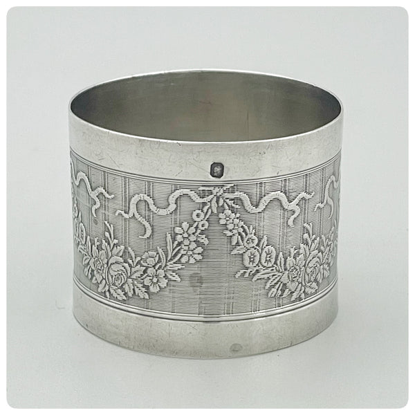 Back, First Standard (950/1000) Solid Silver Napkin Ring with Engine-Turning Engraving, Paris, Circa 1890 - The Silver Vault of Charleston