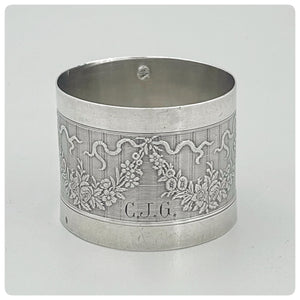 First Standard (950/1000) Solid Silver Napkin Ring with Engine-Turning Engraving, Paris, Circa 1890 - The Silver Vault of Charleston