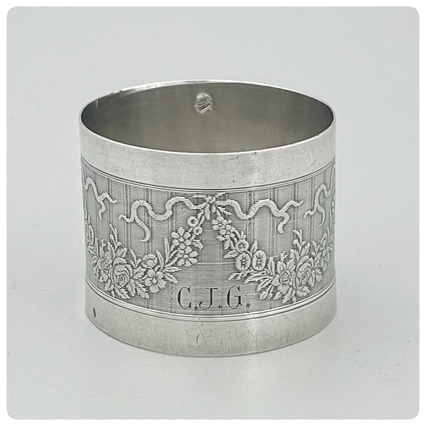 First Standard (950/1000) Solid Silver Napkin Ring with Engine-Turning Engraving, Paris, Circa 1890 - The Silver Vault of Charleston