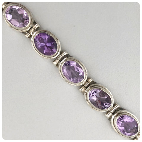 Sterling Silver and 10 Oval Faceted Amethyst Line Bracelet, Bali, New - The Silver Vault of Charleston
