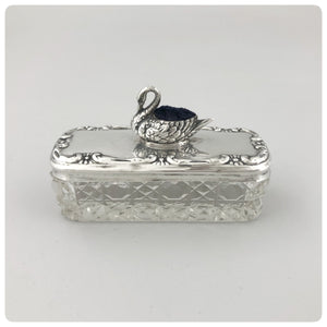 English Sterling Silver and Cut Crystal Pin Box with Cushion, Boots Pure Drug Company, Birmingham, 1909-1910 - The Silver Vault of Charleston