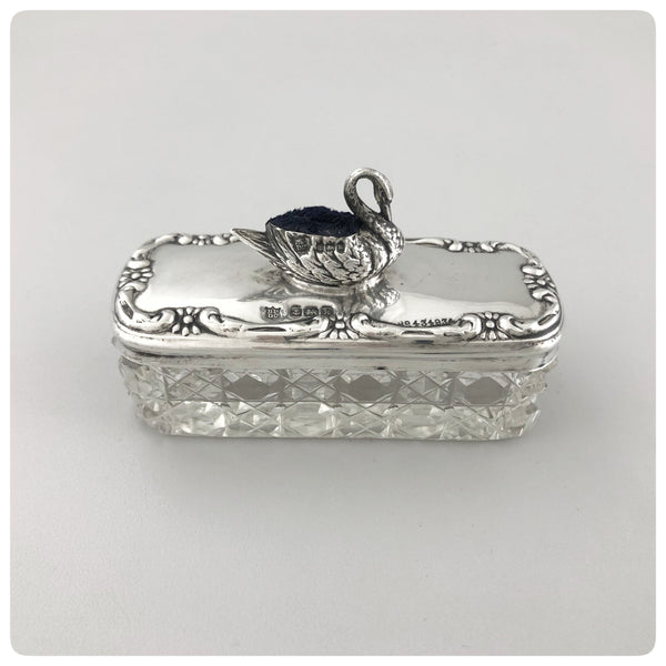 English Sterling Silver and Cut Crystal Pin Box with Cushion, Boots Pure Drug Company, Birmingham, 1909-1910 - The Silver Vault of Charleston